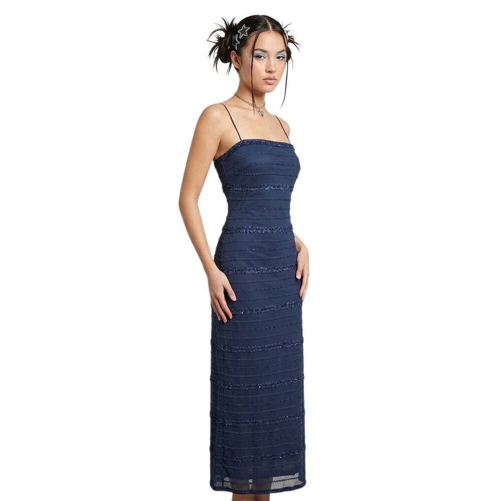 Y2K JS Collections Navy blue sequin & ruffle mesh spaghetti strap maxi dress 10 - Picture 1 of 9